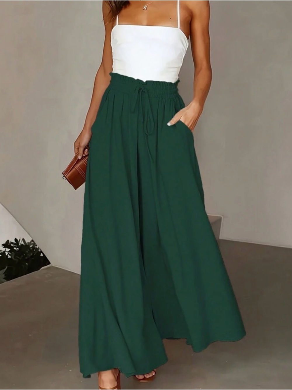 SHEIN Forest Green Wide Leg Paperbag Waist Palazzo Pants